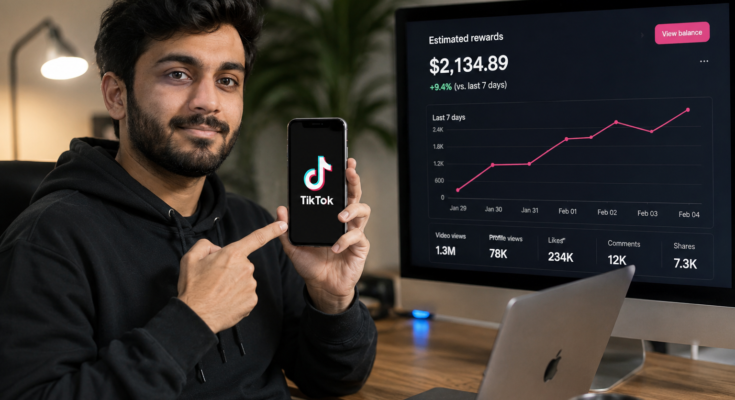 Realistic content creator holding a smartphone with the TikTok app while displaying monetization analytics and earnings dashboard in a modern workspace, illustrating TikTok Monetization for Beginners.