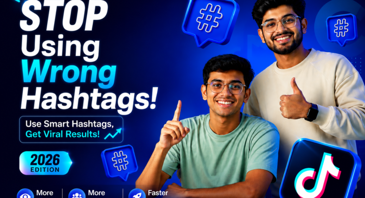 TikTok Hashtag Strategy 2026 feature image showing a smiling male content creator with hashtag icons and TikTok branding, explaining how to go viral, get more views, and gain followers using the best hashtag strategy.