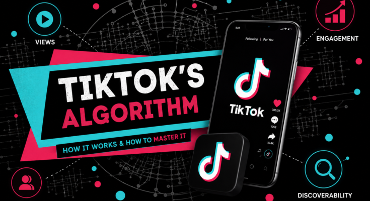 TikTok Algorithm 2026 feature image showing the TikTok logo, smartphone, and algorithm concept explaining how TikTok ranks videos, increases views, and helps creators grow faster.