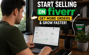 Make Money on Fiverr – Beginner freelancer working on a laptop with a Fiverr dashboard, learning how to get more orders, increase earnings, and build a successful freelance career in 2026.