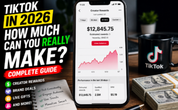 Realistic YouTube thumbnail showing TikTok earnings in 2026 with a smartphone displaying Creator Rewards, cash stacks, and the text "How Much Can You Really Make?" explaining TikTok monetization, creator rewards, brand deals, and online income opportunities.
