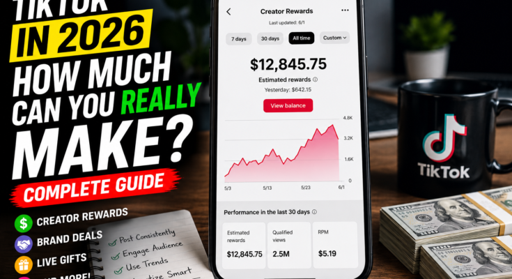 Realistic YouTube thumbnail showing TikTok earnings in 2026 with a smartphone displaying Creator Rewards, cash stacks, and the text "How Much Can You Really Make?" explaining TikTok monetization, creator rewards, brand deals, and online income opportunities.