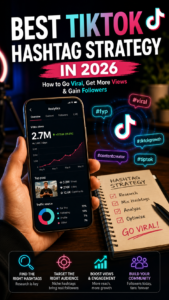 Best TikTok Hashtag Strategy in 2026 showing TikTok analytics, viral hashtags, and content growth tips.