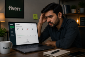 Worried Fiverr freelancer looking at a laptop dashboard showing low impressions, one click, and zero orders, illustrating why a Fiverr gig is not ranking and how Fiverr SEO can improve visibility.
