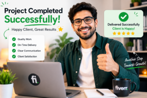 Freelancer successfully completing a client project on a laptop, showing satisfaction and productivity in a modern workspace.