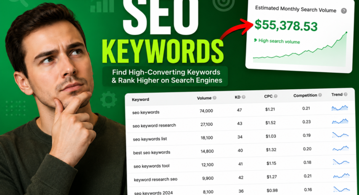 Fiverr Keyword Research guide showing SEO keyword analysis, search volume, and keyword research dashboard