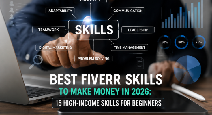 Best Fiverr Skills to Make Money in 2026 showing high-income freelance skills, digital business icons, and analytics dashboard for beginners.