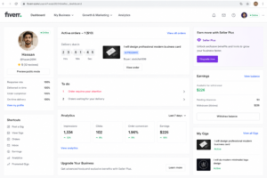 Realistic Fiverr seller dashboard showing Hassan (@hasan2694) managing active orders, gig analytics, earnings, response rate, and seller performance metrics on a professional workspace screen.