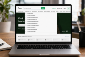 Ultra-realistic laptop displaying Fiverr Search Bar Keyword Suggestions for keyword research, Fiverr SEO, and improving gig rankings.