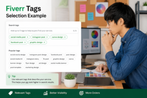 Fiverr Tags Selection Example showing relevant gig tags for better Fiverr SEO, search visibility, and higher rankings.