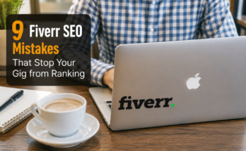 9 Fiverr SEO Mistakes That Stop Your Gig from Ranking – realistic freelancer workspace with laptop, coffee, and Fiverr SEO optimization concept for improving gig rankings and search visibility.