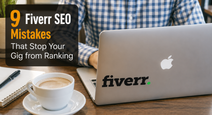 9 Fiverr SEO Mistakes That Stop Your Gig from Ranking – realistic freelancer workspace with laptop, coffee, and Fiverr SEO optimization concept for improving gig rankings and search visibility.