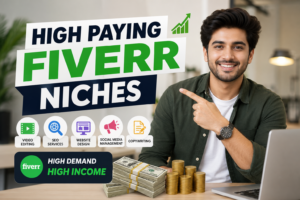 "Realistic YouTube thumbnail featuring a smiling young freelancer pointing toward the bold text 'High Paying Fiverr Niches.' The design includes icons for Video Editing, SEO Services, Website Design, Social Media Management, and Copywriting, along with stacks of cash, gold coins, and an upward growth arrow, representing high-income freelance opportunities on Fiverr."