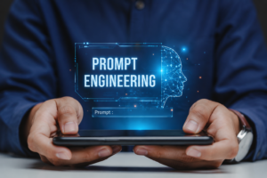 "Realistic futuristic illustration of a person holding a smartphone with a glowing blue holographic interface displaying the text 'Prompt Engineering.' The design features an AI-powered digital human face, a prompt input box, and advanced technology elements, representing artificial intelligence, generative AI, and prompt engineering concepts."