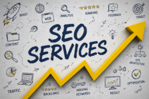 "Professional SEO Services illustration featuring bold 'SEO SERVICES' text with a large upward yellow arrow symbolizing business growth. The background includes digital marketing doodles such as keyword research, backlinks, website optimization, analytics, search rankings, traffic, content strategy, and SEO performance, representing search engine optimization services."