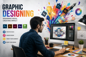 "Professional graphic designing workspace featuring a creative designer using a digital drawing tablet and desktop computer. The image includes bold 'Graphic Designing' text, colorful paint splashes, Adobe Photoshop, Illustrator, InDesign, After Effects, and CorelDRAW icons, along with design tools, color palettes, and creative elements representing modern graphic design services."