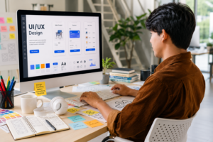 "Modern UI/UX designer working at a desktop computer with a user interface design displayed on the screen. The workspace features wireframes, mobile app layouts, design components, sticky notes, and a clean office environment, representing user interface (UI) and user experience (UX) design, prototyping, and digital product development."