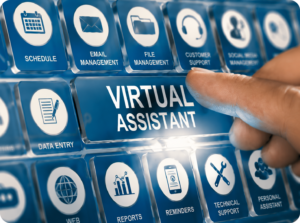 "Modern Virtual Assistant concept featuring a glowing blue digital interface with a finger pressing a 'Virtual Assistant' button. The image includes icons representing email management, calendar scheduling, data entry, customer support, file management, reminders, technical support, reports, and social media management, symbolizing professional virtual assistant services and remote business support."