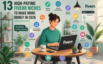 "Fiverr Niches illustration showing 13 high-paying Fiverr niches for 2026, including graphic design, SEO, website development, virtual assistant, copywriting, digital marketing, video editing, and other profitable freelance skills."