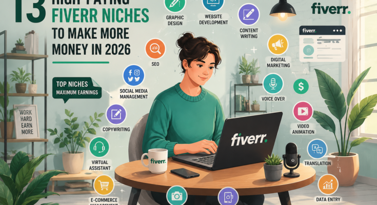 "Fiverr Niches illustration showing 13 high-paying Fiverr niches for 2026, including graphic design, SEO, website development, virtual assistant, copywriting, digital marketing, video editing, and other profitable freelance skills."