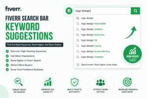 Fiverr Search Bar Keyword Suggestions showing autocomplete keywords for Fiverr SEO, keyword research, and improved gig rankings.