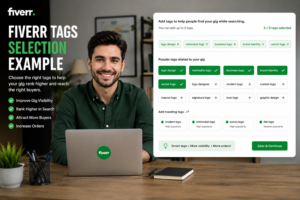 Fiverr Tags Selection Example showing a freelancer choosing relevant gig tags to improve Fiverr SEO, search visibility, and higher gig rankings.