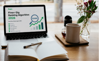 Fiverr Gig Ranking Algorithm 2026 workspace showing a realistic laptop displaying Fiverr ranking factors, SEO optimization, and freelance gig performance.