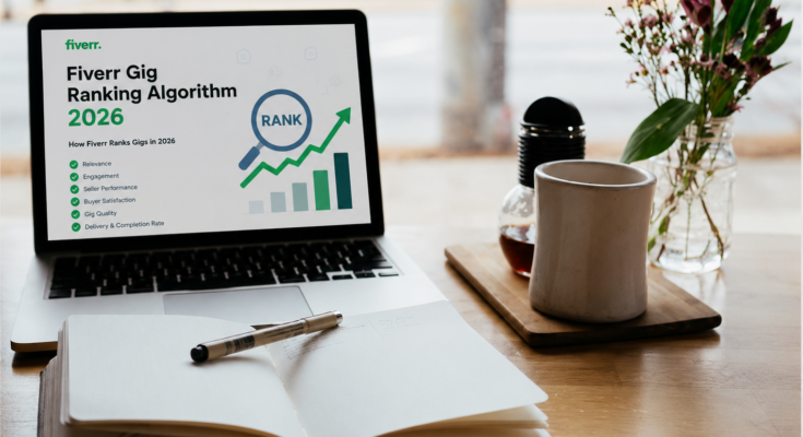 Fiverr Gig Ranking Algorithm 2026 workspace showing a realistic laptop displaying Fiverr ranking factors, SEO optimization, and freelance gig performance.