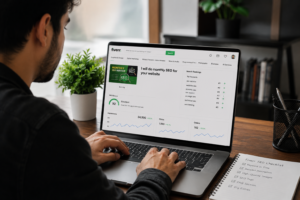 Freelancer optimizing a Fiverr gig on a laptop using Fiverr Seller SEO with analytics dashboard and search ranking charts to improve gig visibility and orders.