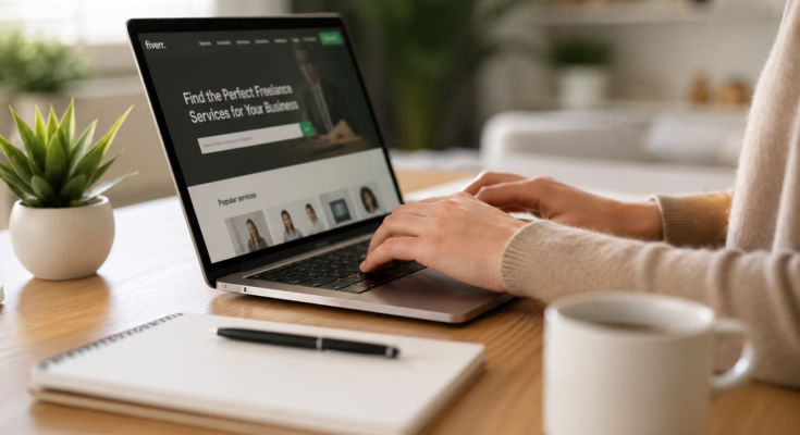 Easy Fiverr Jobs for Students with No Experience – student working on a laptop to start a Fiverr freelancing career from home