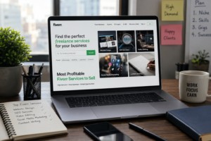 Most Profitable Fiverr Services displayed on a realistic freelancer workspace with a laptop showing high-demand Fiverr categories including SEO, website design, content writing, video editing, and social media marketing.