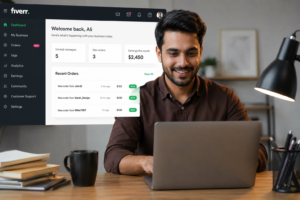 A happy freelancer working on a laptop in a modern home office while the Fiverr dashboard in the background displays multiple new order notifications. The workspace features a wooden desk, coffee mug, books, and a desk lamp, creating a professional and productive freelance work-from-home environment.