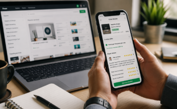 Fiverr Seller Tips to Get More Orders featuring a successful freelancer reviewing completed orders and 5-star customer feedback on a smartphone in a modern workspace.