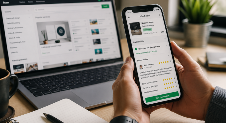 Fiverr Seller Tips to Get More Orders featuring a successful freelancer reviewing completed orders and 5-star customer feedback on a smartphone in a modern workspace.