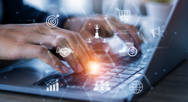 Fiverr Affiliate Program concept showing a professional affiliate marketer working on a laptop with digital marketing, analytics, and online earnings icons.