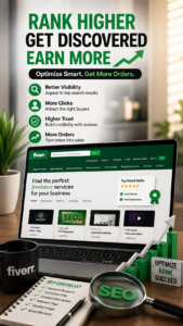 Fiverr SEO optimization illustration showing keyword research, gig ranking, search visibility, and strategies to get more orders on Fiverr.