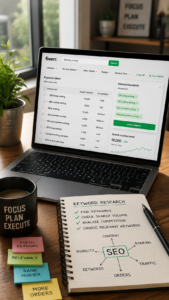 Fiverr SEO keyword research showing keyword analysis, gig optimization, and strategies to rank higher and get more orders on Fiverr.