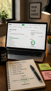 Realistic workspace showing Fiverr gig title optimization with SEO keywords, clear title structure, and strategies to improve clicks and search rankings.