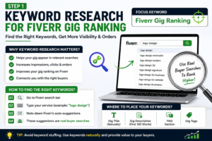 Keyword research infographic for Fiverr Gig Ranking showing how to find real buyer search keywords on Fiverr and where to place them to rank a gig higher