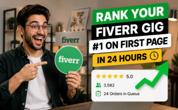 Excited Fiverr freelancer holding a Fiverr logo while highlighting proven Fiverr Gig Ranking strategies, 5-star rating, 24 orders in queue, and first-page ranking to get more Fiverr orders.