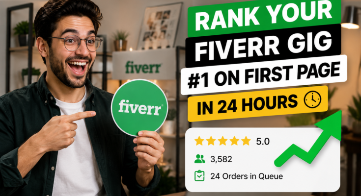 Excited Fiverr freelancer holding a Fiverr logo while highlighting proven Fiverr Gig Ranking strategies, 5-star rating, 24 orders in queue, and first-page ranking to get more Fiverr orders.