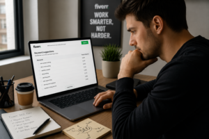 Freelancer researching Fiverr SEO keywords on a laptop to create an SEO-optimized gig title and improve Fiverr search rankings.