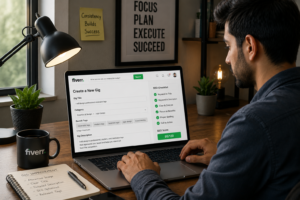 Realistic freelancer creating and optimizing a Fiverr gig on a laptop with an SEO checklist, gig title, description, and keyword optimization dashboard, demonstrating Fiverr SEO strategies to improve Fiverr Gig Ranking and attract more orders.