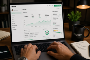 Realistic Fiverr analytics dashboard showing keyword optimization, buyer satisfaction score, SEO performance, gig rankings, and search analytics on a laptop, demonstrating how buyer satisfaction improves Fiverr Gig Ranking and Fiverr SEO.