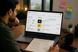 Realistic freelancer analyzing Fiverr search results and Click-Through Rate (CTR) metrics on a laptop, with keyword research, ranking insights, and an SEO improvement plan to increase Fiverr Gig Ranking and get more orders.