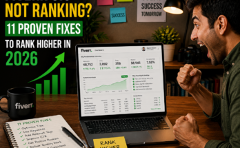 Fiverr Gig Not Ranking featured image showing a freelancer celebrating higher Fiverr Gig Ranking with an optimized Fiverr dashboard, increasing impressions, clicks, orders, and revenue in 2026.