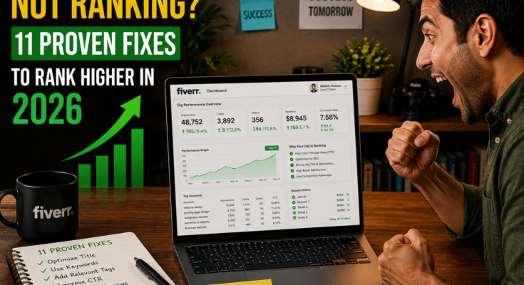 Fiverr Gig Not Ranking featured image showing a freelancer celebrating higher Fiverr Gig Ranking with an optimized Fiverr dashboard, increasing impressions, clicks, orders, and revenue in 2026.