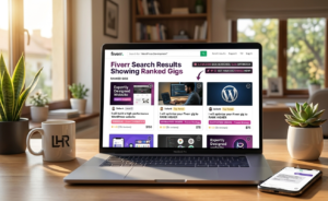 A laptop on a wooden desk showing Fiverr search results with ranked gigs, featuring WordPress gig optimization cards