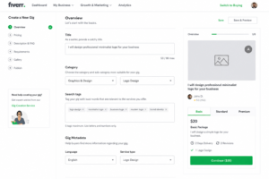 Fiverr Gig Optimization dashboard showing gig title, category, search tags, pricing, and description settings