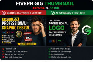 Before and after Fiverr gig thumbnail showing cluttered and professional designs for better Fiverr Gig Optimization.